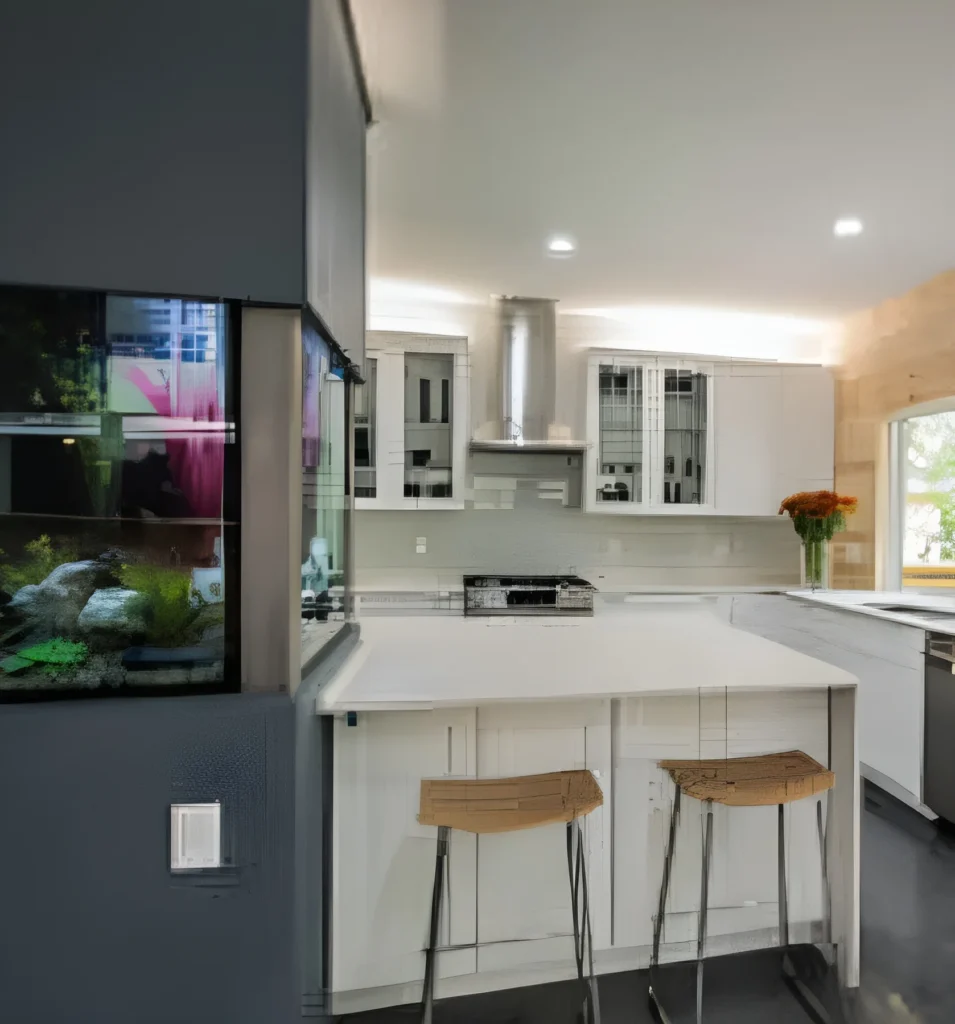 Modern kitchen with custom white cabinetry, quartz countertops, and a sleek design – showcasing Aransas Pass home renovation.