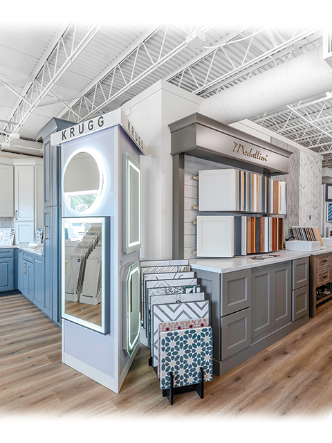 Showroom display featuring custom cabinets, countertop samples, and flooring options at 361 Cabinets – Aransas Pass location.