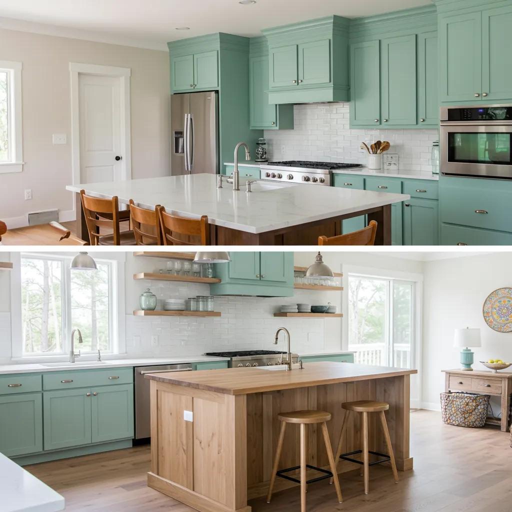 Before-and-after coastal kitchen remodel: seafoam green cabinets, reclaimed oak island, and updated countertops