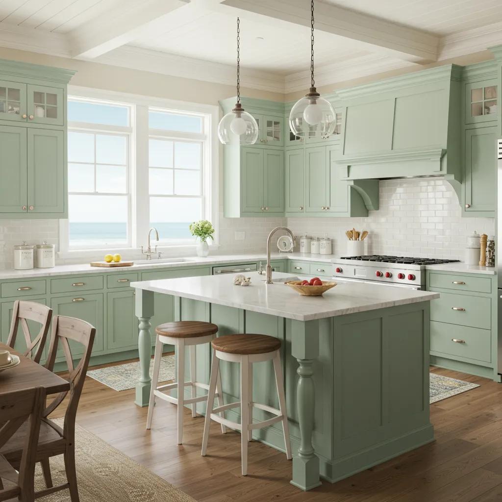Bright and airy coastal kitchen featuring custom seafoam green cabinets and natural wood accents