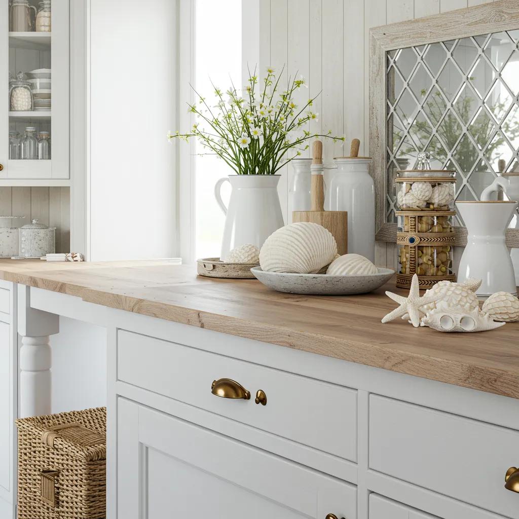 Key elements of coastal kitchen design: shaker cabinets, natural materials, and a light, airy color scheme